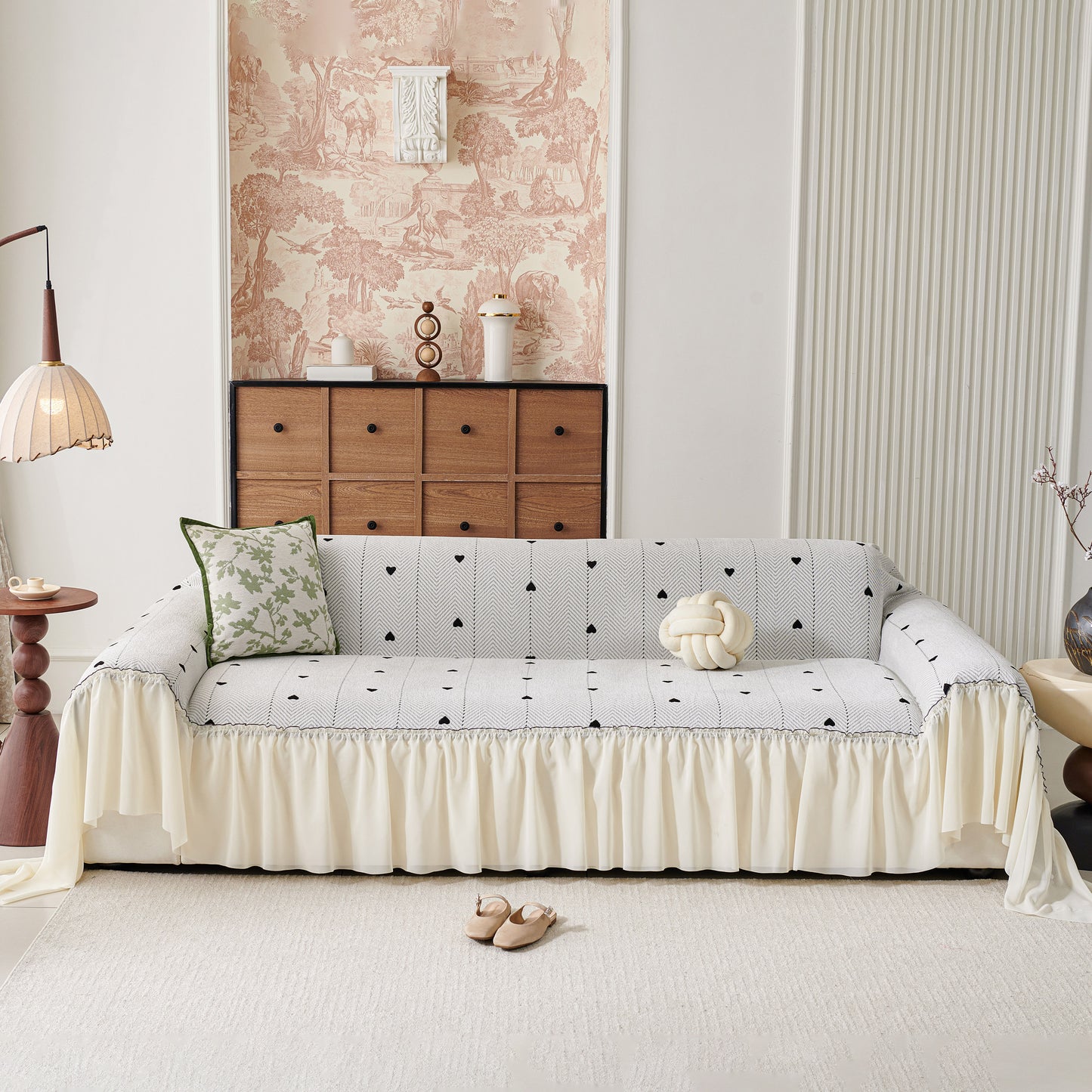 Cottagecore Ruffled Sofa Slipcover, Shabby Chic Couch Protector Cover for Living Room