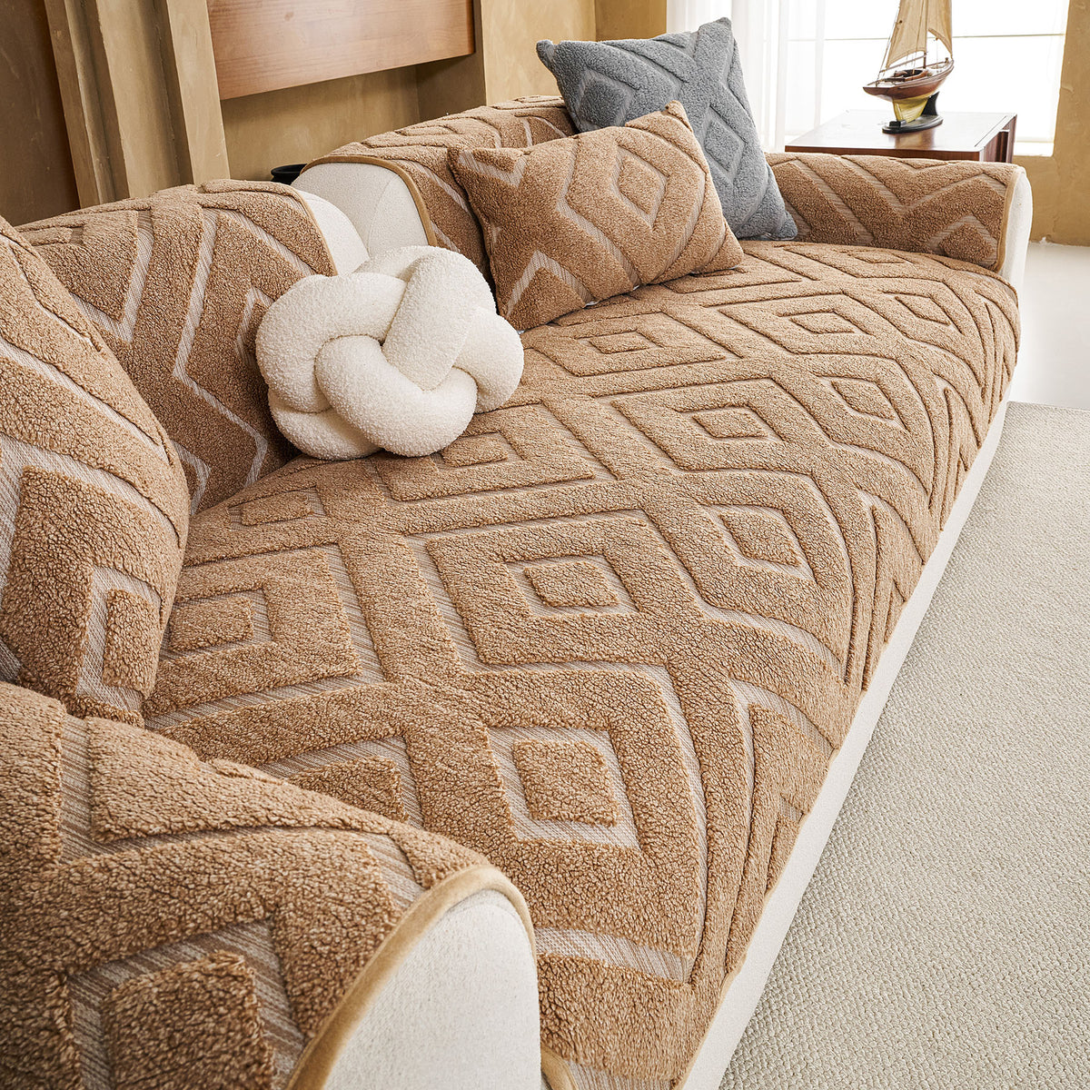 Thick Sherpa Sofa Protector Cover, Warm Plush Couch Cover for Seat, Backrest & Armrest