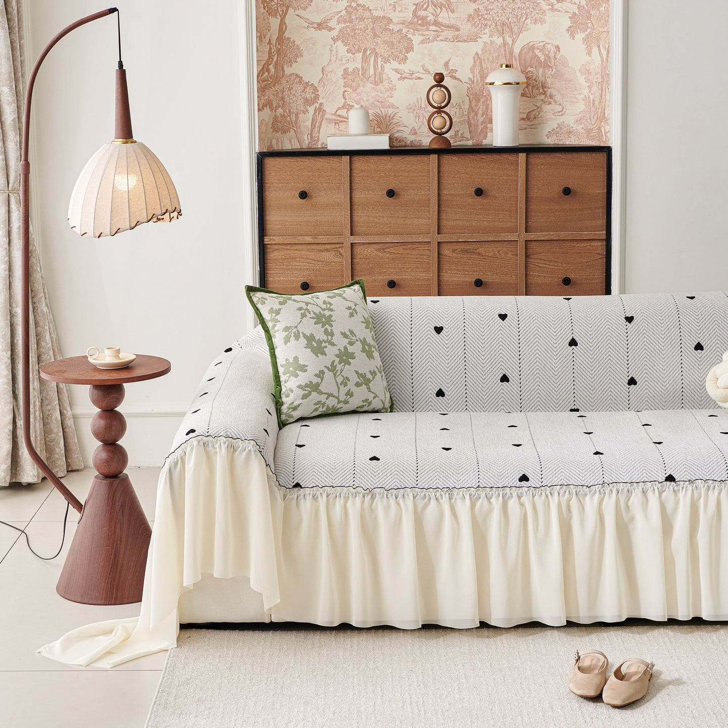 Cottagecore Ruffled Sofa Slipcover, Shabby Chic Couch Protector Cover for Living Room
