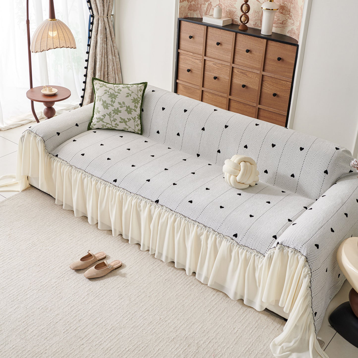 Cottagecore Ruffled Sofa Slipcover, Shabby Chic Couch Protector Cover for Living Room