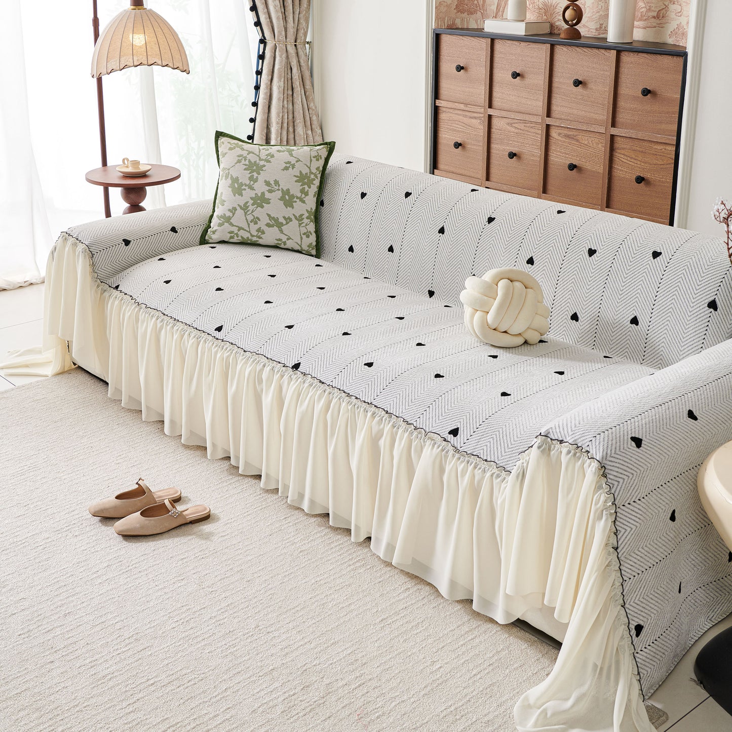 Cottagecore Ruffled Sofa Slipcover, Shabby Chic Couch Protector Cover for Living Room