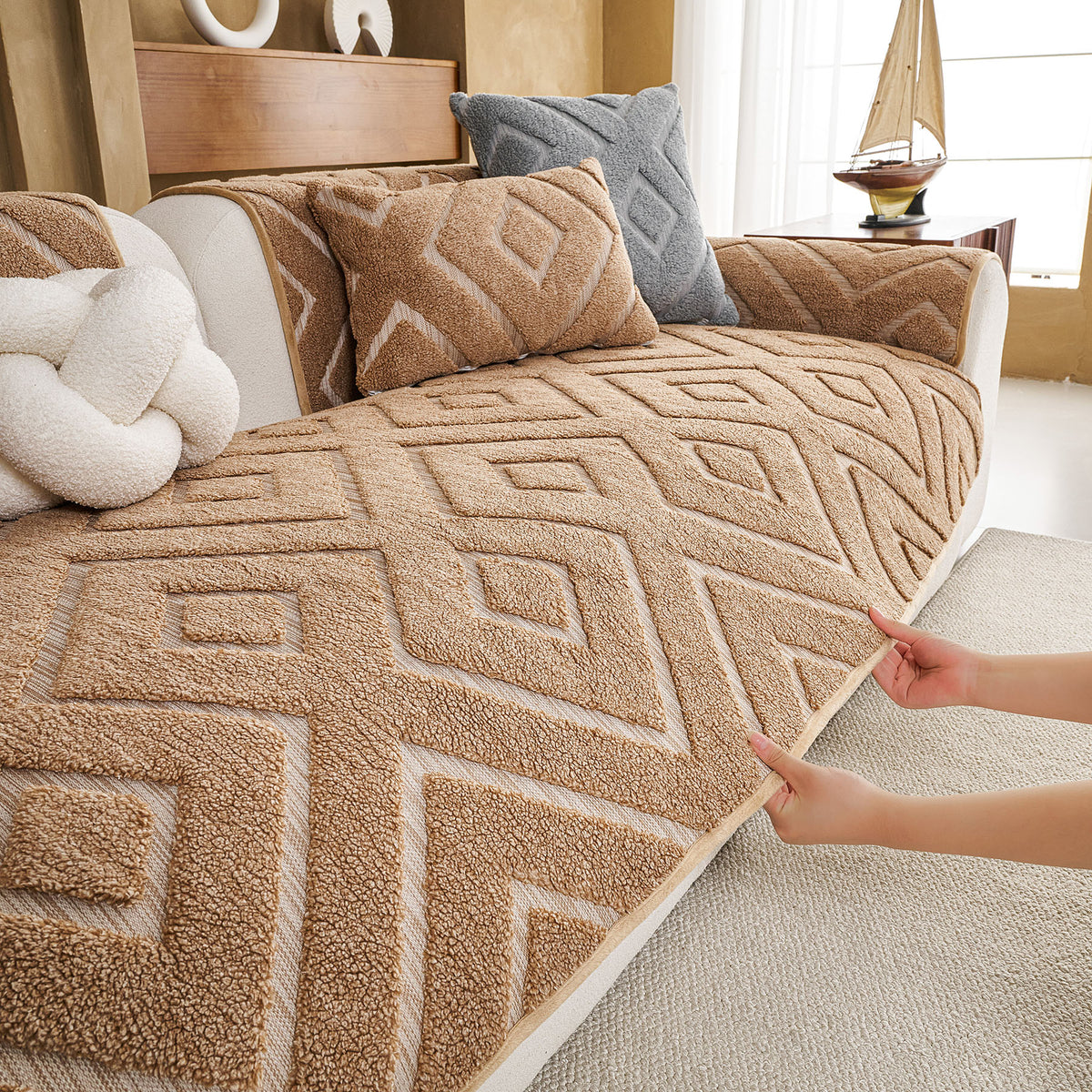 Thick Sherpa Sofa Protector Cover, Warm Plush Couch Cover for Seat, Backrest & Armrest