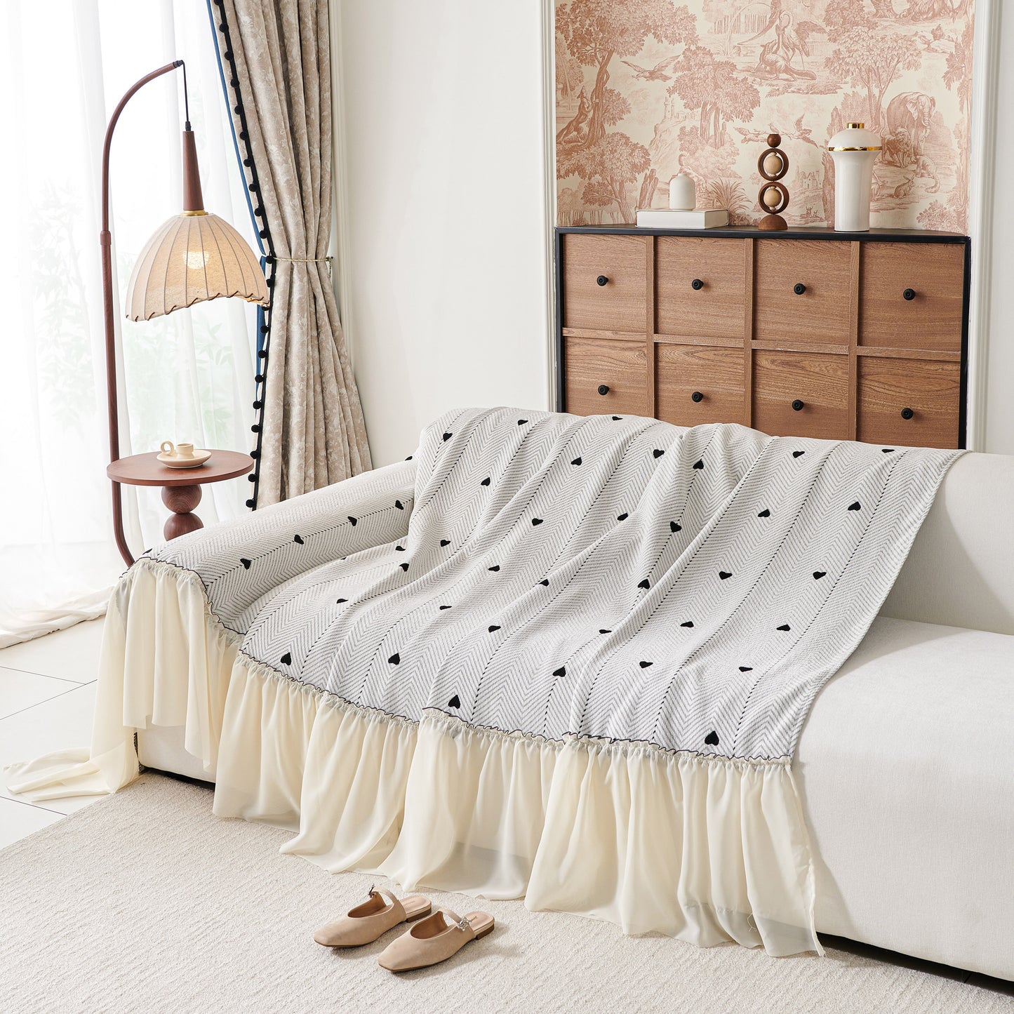 Cottagecore Ruffled Sofa Slipcover, Shabby Chic Couch Protector Cover for Living Room