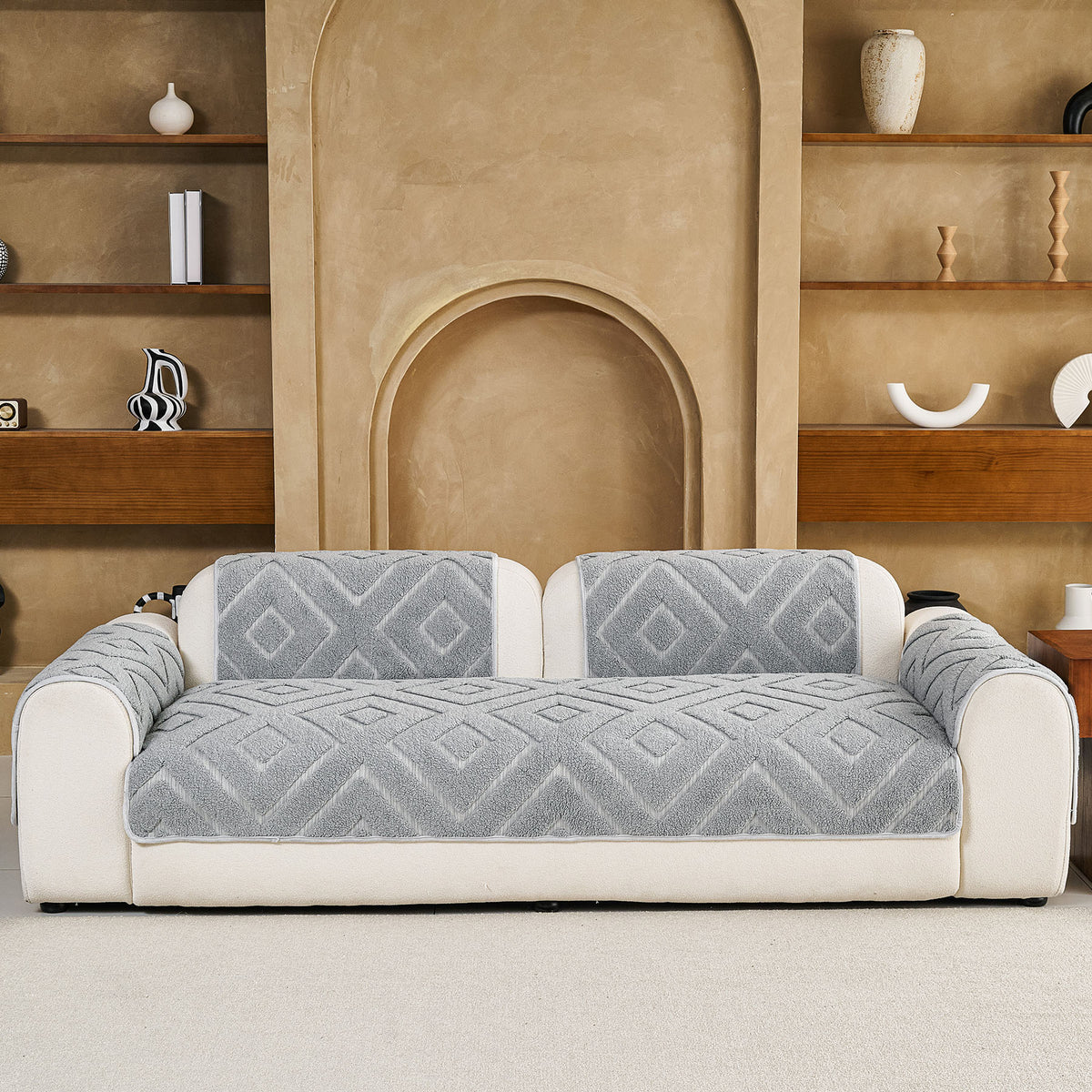 Thick Sherpa Sofa Protector Cover, Warm Plush Couch Cover for Seat, Backrest & Armrest