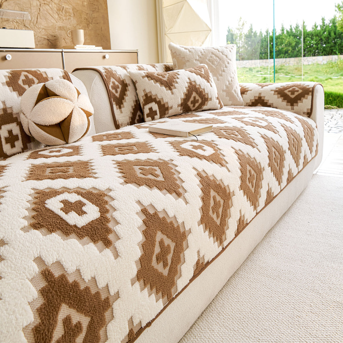 Cozy Thickened Sherpa Sofa Protector, Geometric Non-Slip Couch Cover for Pets & Kids