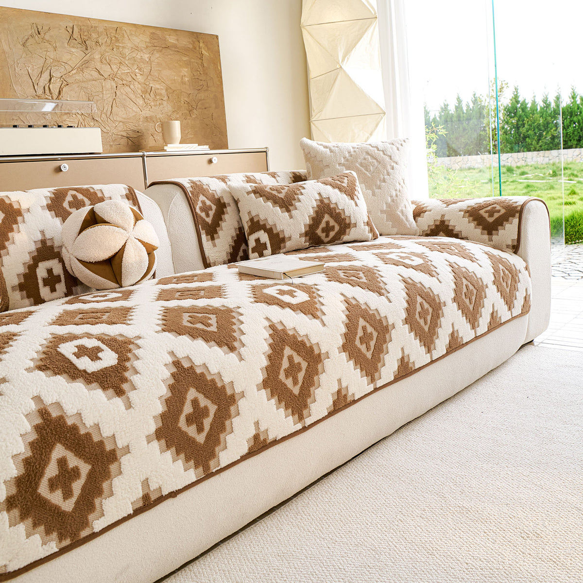 Cozy Thickened Sherpa Sofa Protector, Geometric Non-Slip Couch Cover for Pets & Kids
