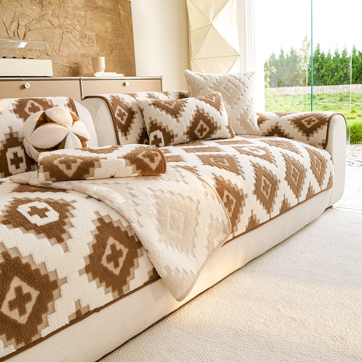 Cozy Thickened Sherpa Sofa Protector, Geometric Non-Slip Couch Cover for Pets & Kids