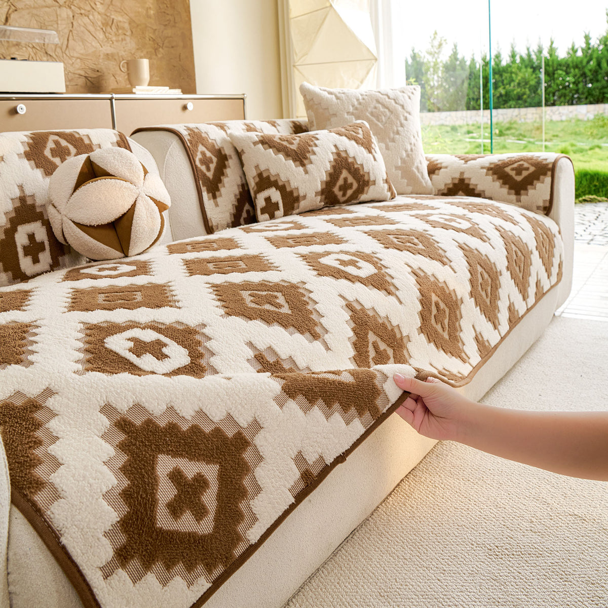 Cozy Thickened Sherpa Sofa Protector, Geometric Non-Slip Couch Cover for Pets & Kids