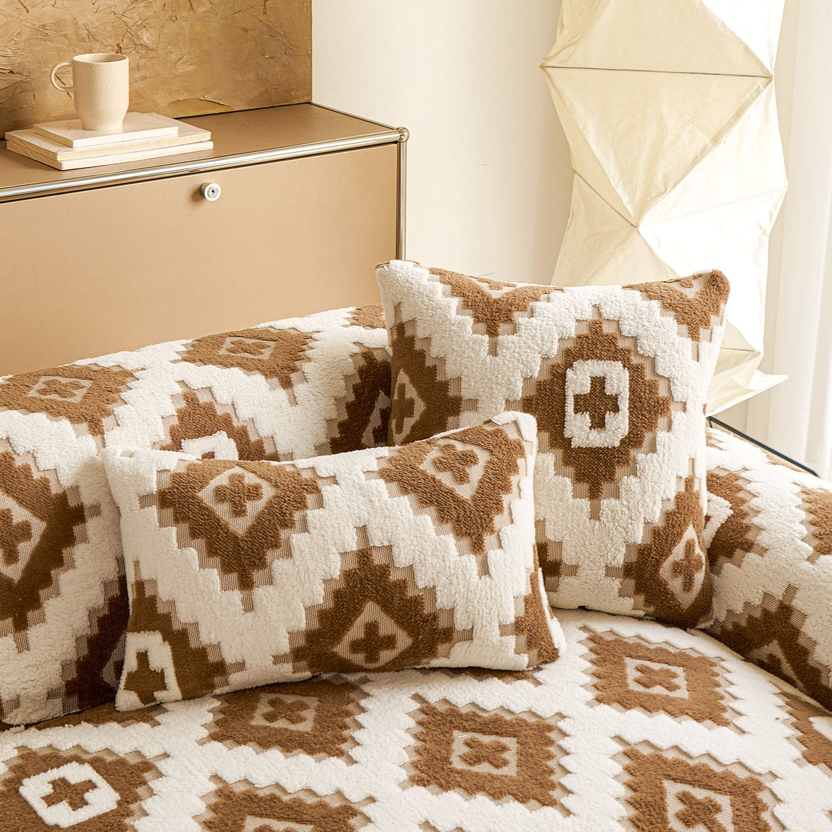 Cozy Thickened Sherpa Sofa Protector, Geometric Non-Slip Couch Cover for Pets & Kids