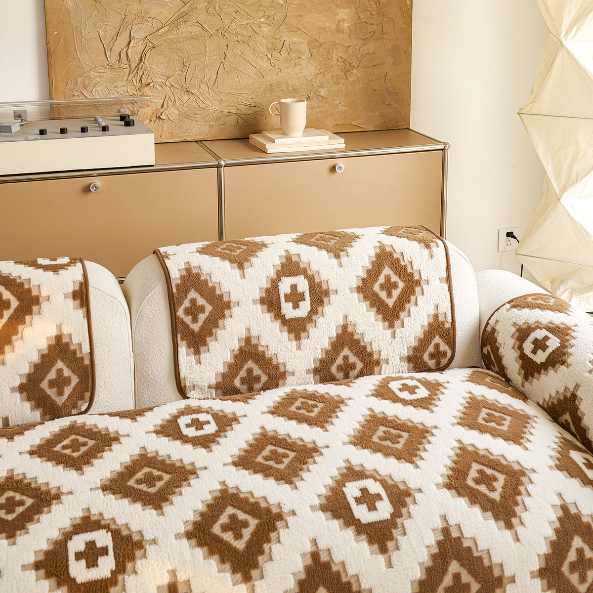 Cozy Thickened Sherpa Sofa Protector, Geometric Non-Slip Couch Cover for Pets & Kids