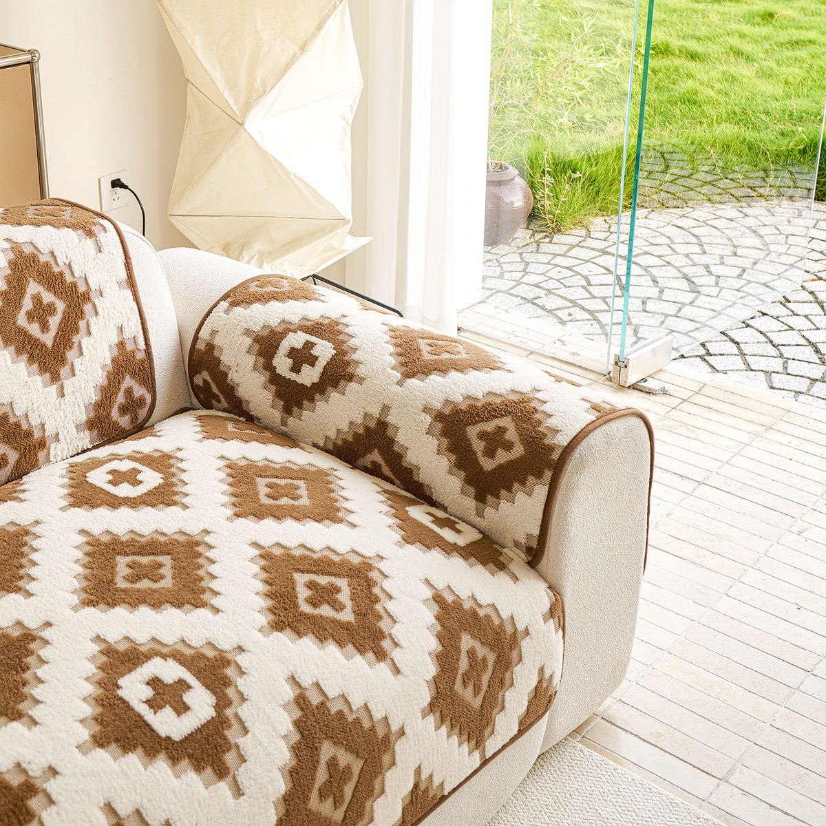 Cozy Thickened Sherpa Sofa Protector, Geometric Non-Slip Couch Cover for Pets & Kids