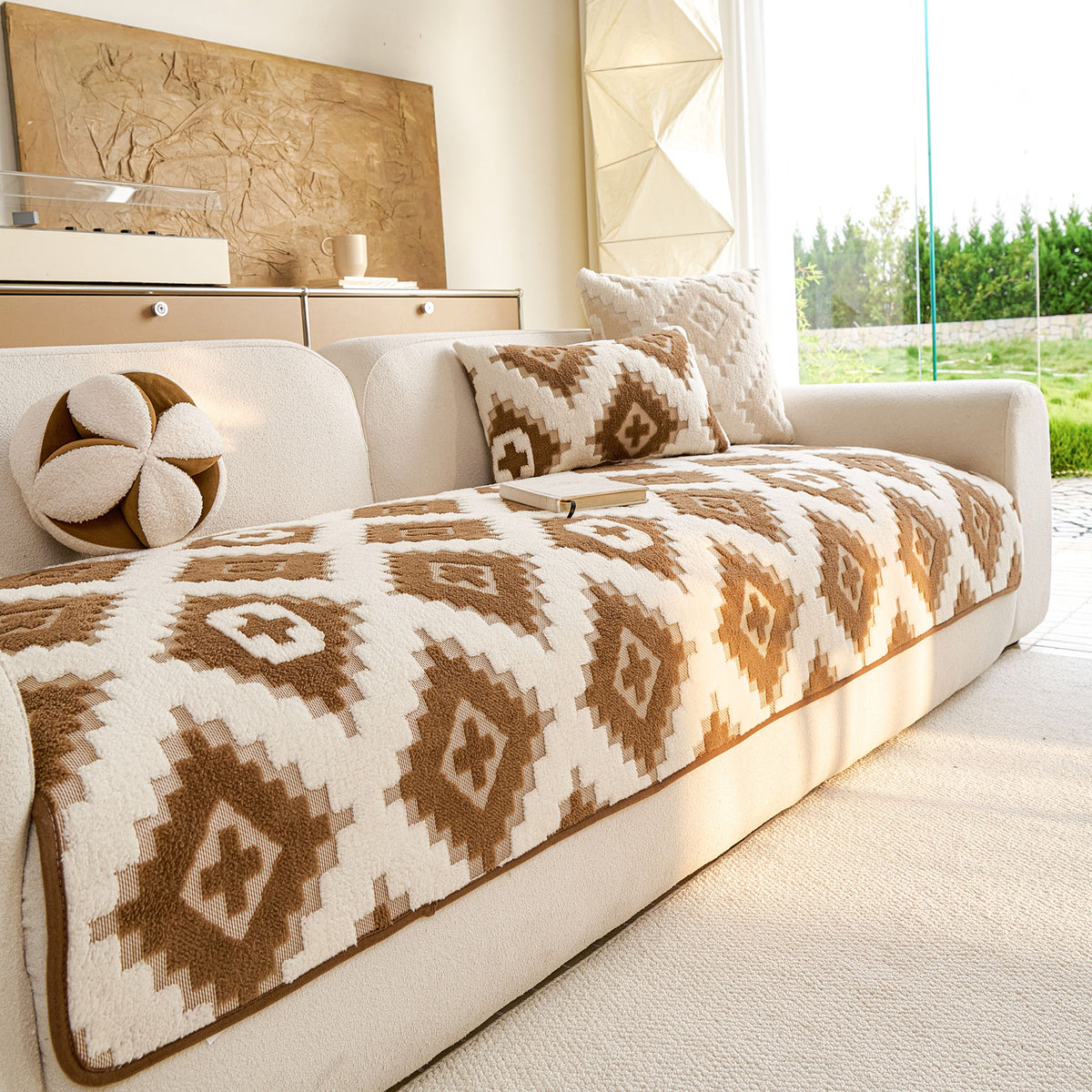 Cozy Thickened Sherpa Sofa Protector, Geometric Non-Slip Couch Cover for Pets & Kids