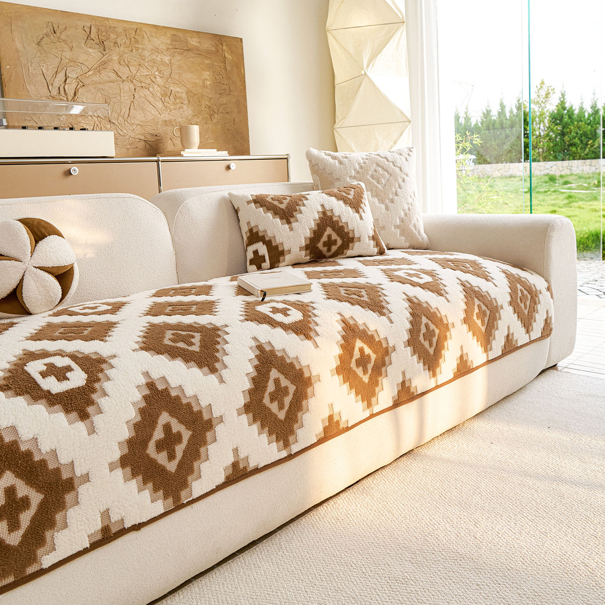 Cozy Thickened Sherpa Sofa Protector, Geometric Non-Slip Couch Cover for Pets & Kids