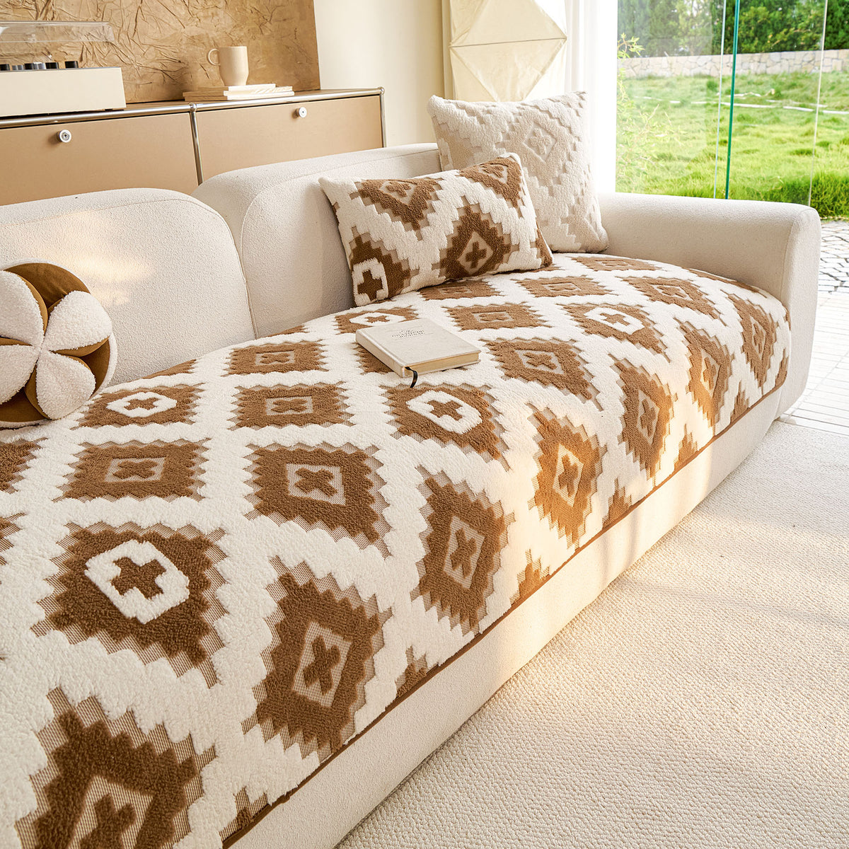 Cozy Thickened Sherpa Sofa Protector, Geometric Non-Slip Couch Cover for Pets & Kids