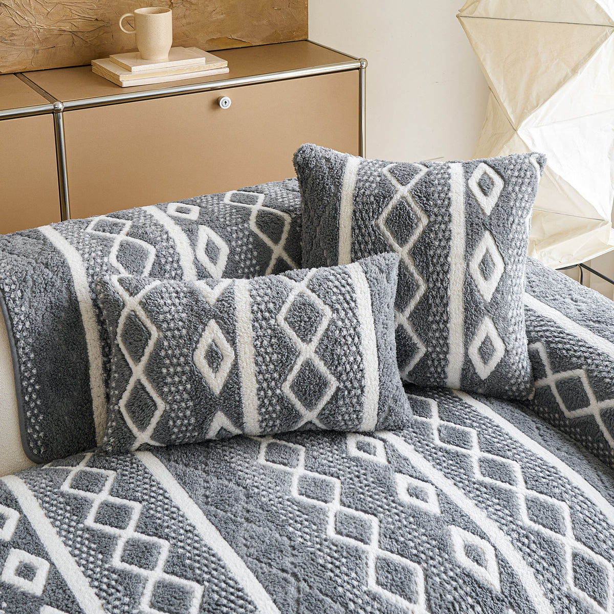 Thickened Plush Sofa Cover, Textured Geometric Couch Protector with Non-Slip Backing