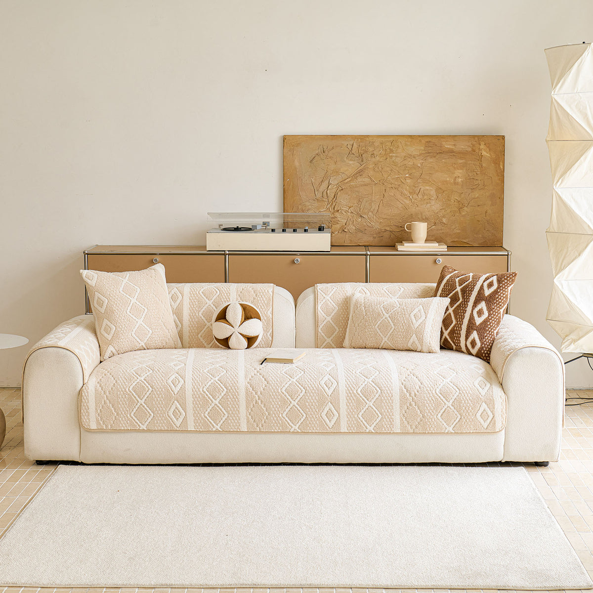 Thickened Plush Sofa Cover, Textured Geometric Couch Protector with Non-Slip Backing