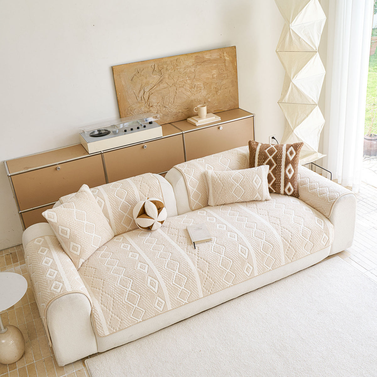 Thickened Plush Sofa Cover, Textured Geometric Couch Protector with Non-Slip Backing
