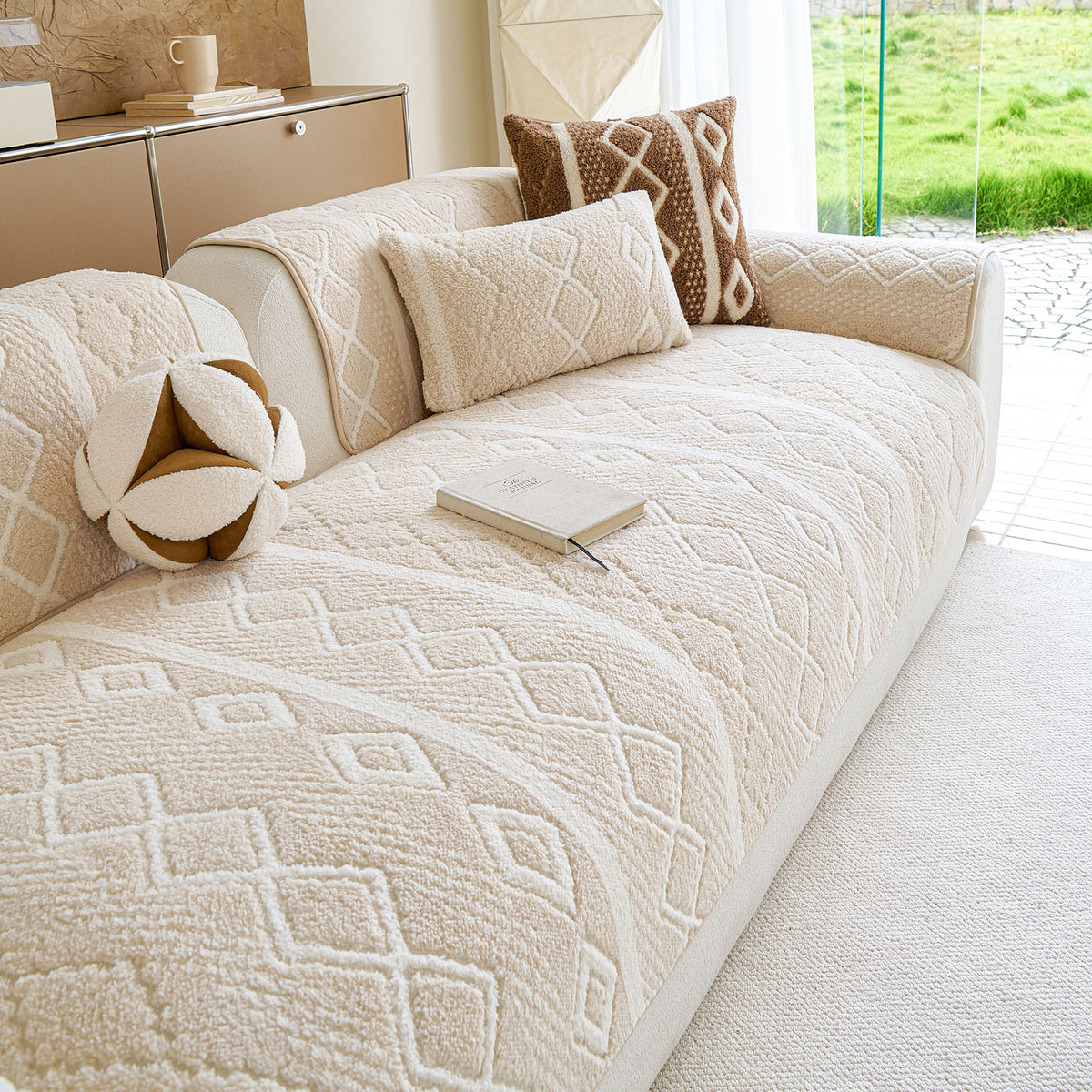 Thickened Plush Sofa Cover, Textured Geometric Couch Protector with Non-Slip Backing