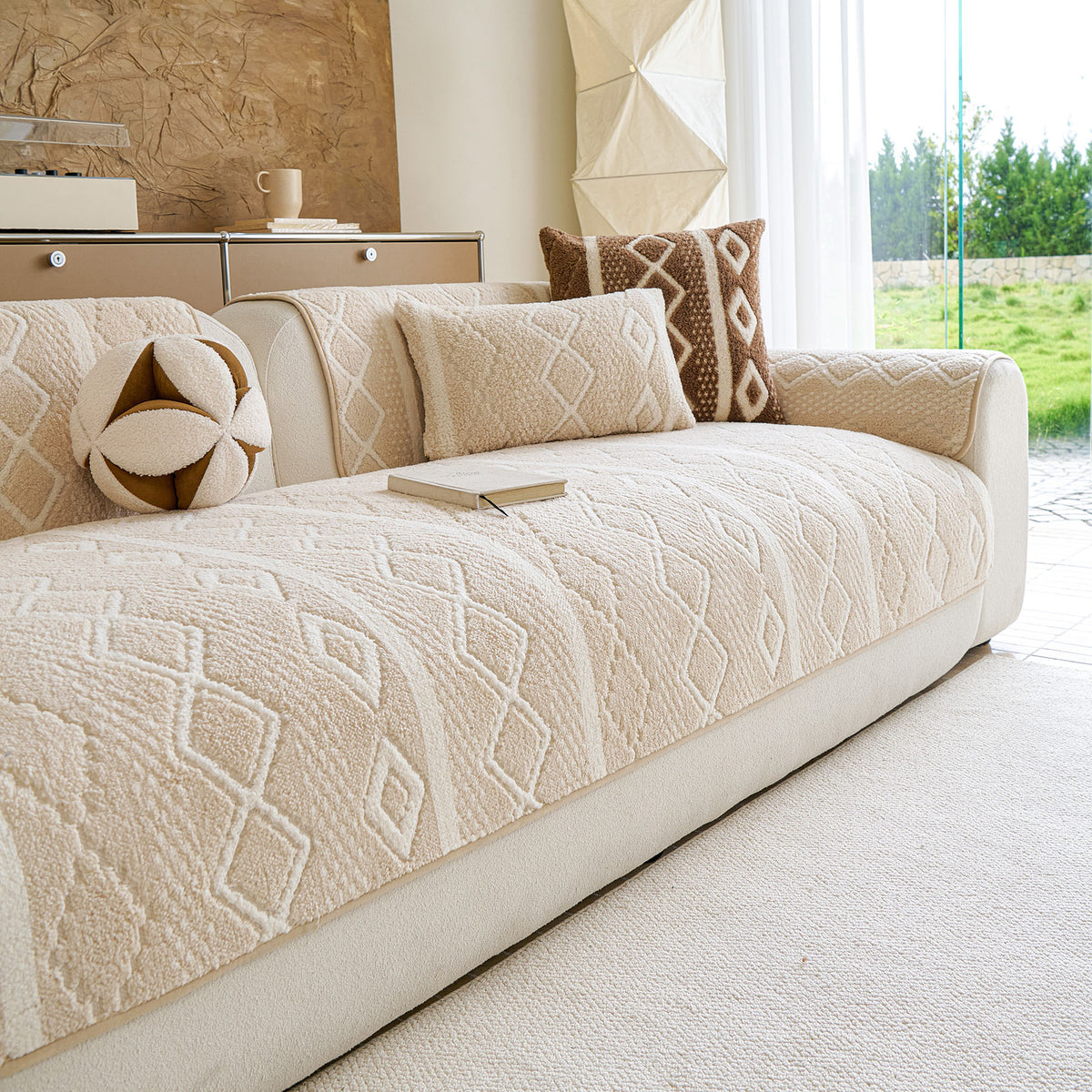 Thickened Plush Sofa Cover, Textured Geometric Couch Protector with Non-Slip Backing