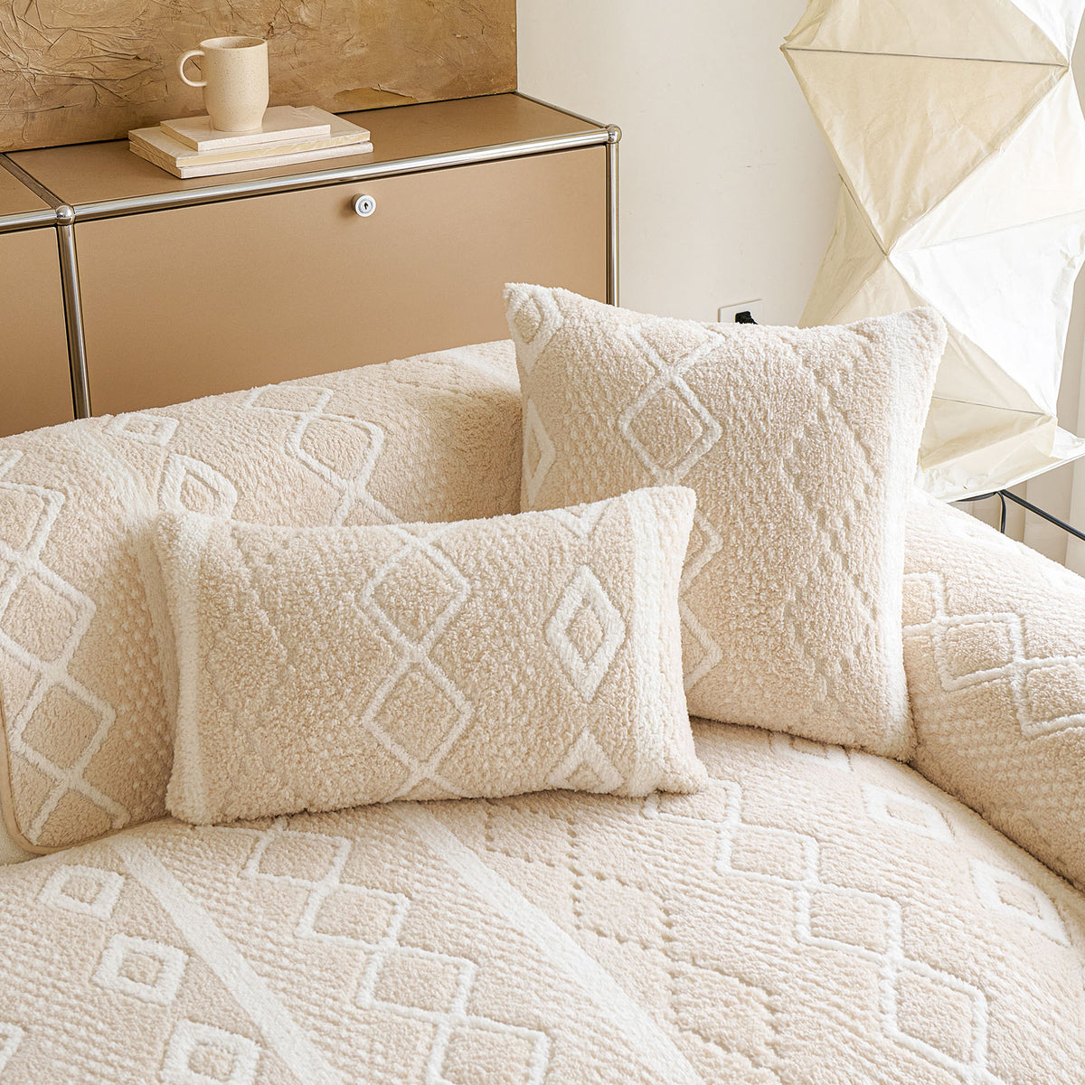 Thickened Plush Sofa Cover, Textured Geometric Couch Protector with Non-Slip Backing