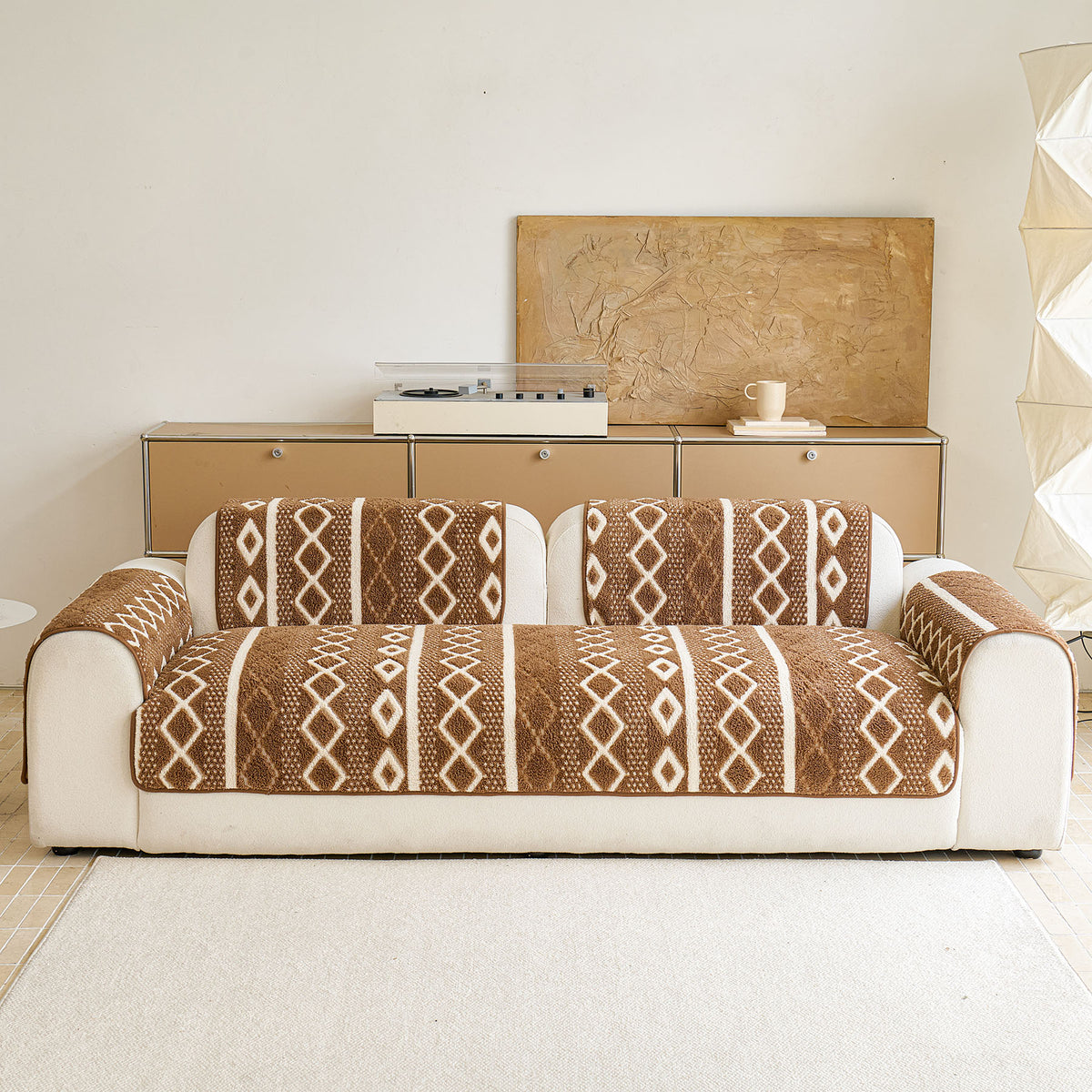 Thickened Plush Sofa Cover, Textured Geometric Couch Protector with Non-Slip Backing