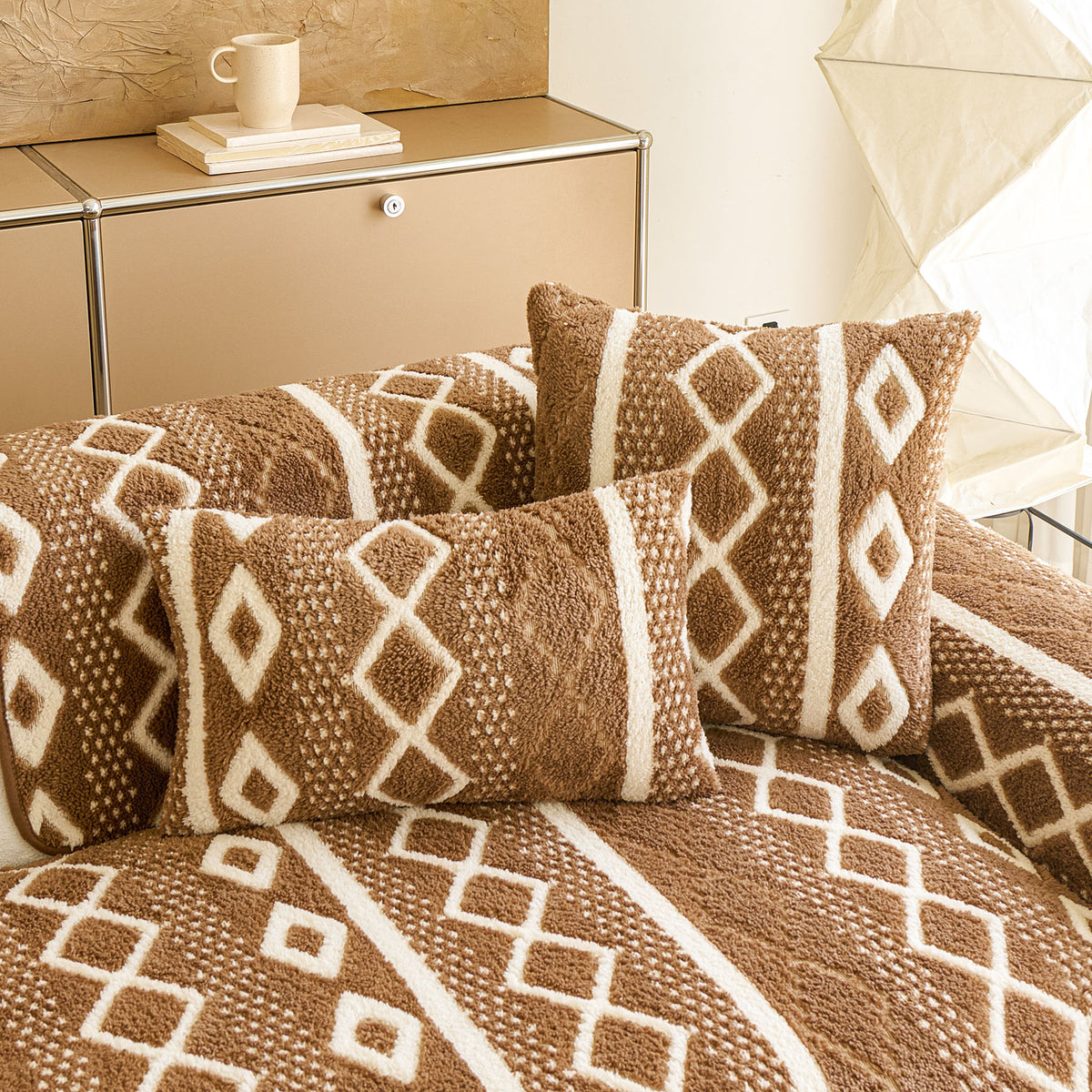 Thickened Plush Sofa Cover, Textured Geometric Couch Protector with Non-Slip Backing