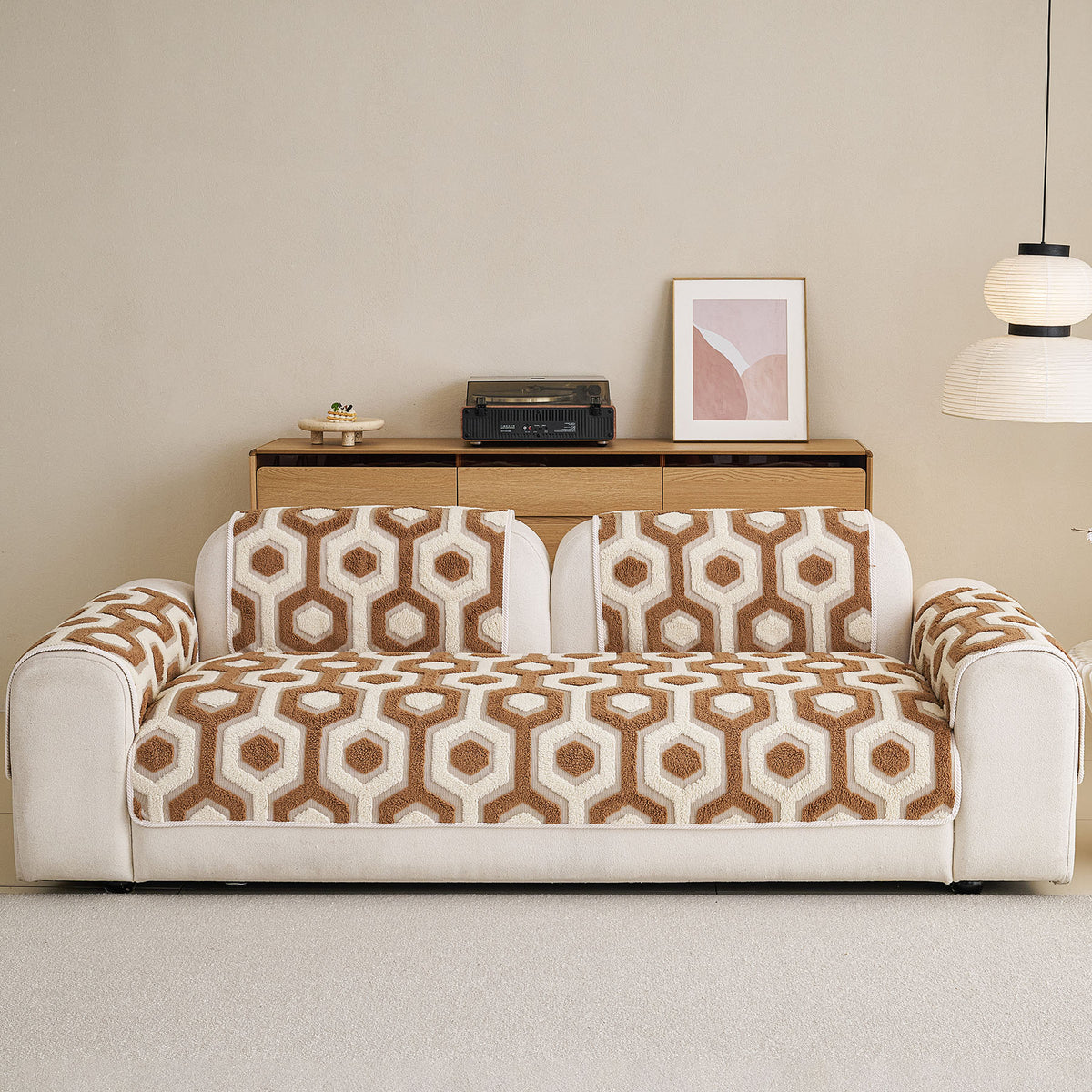 Sherpa Fleece Geometric Sofa Cover, Non-Slip Warm Couch Protector for Pets & Kids