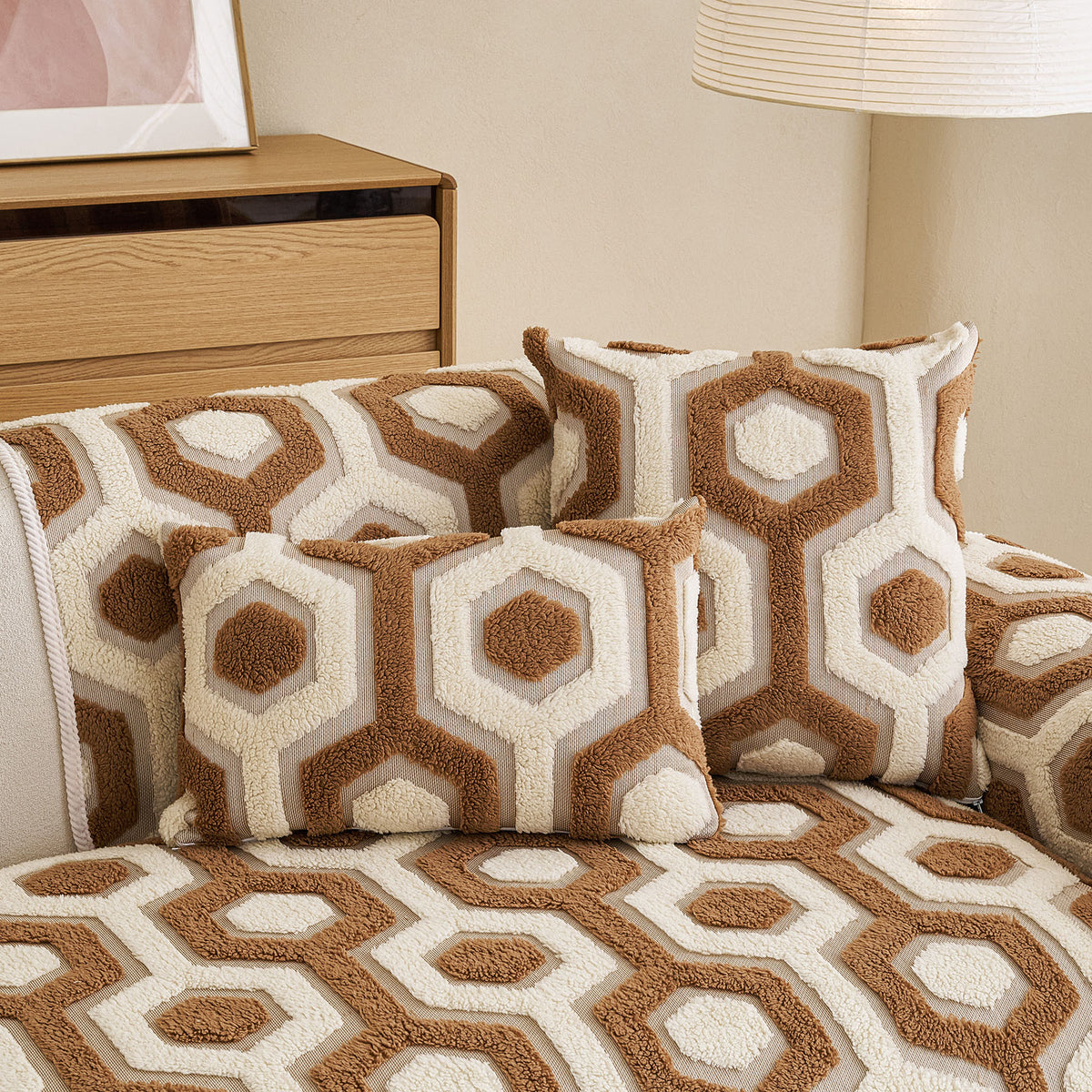 Sherpa Fleece Geometric Sofa Cover, Non-Slip Warm Couch Protector for Pets & Kids