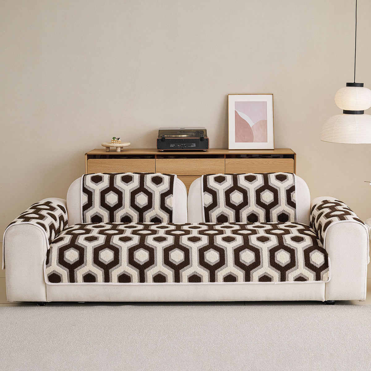 Sherpa Fleece Geometric Sofa Cover, Non-Slip Warm Couch Protector for Pets & Kids