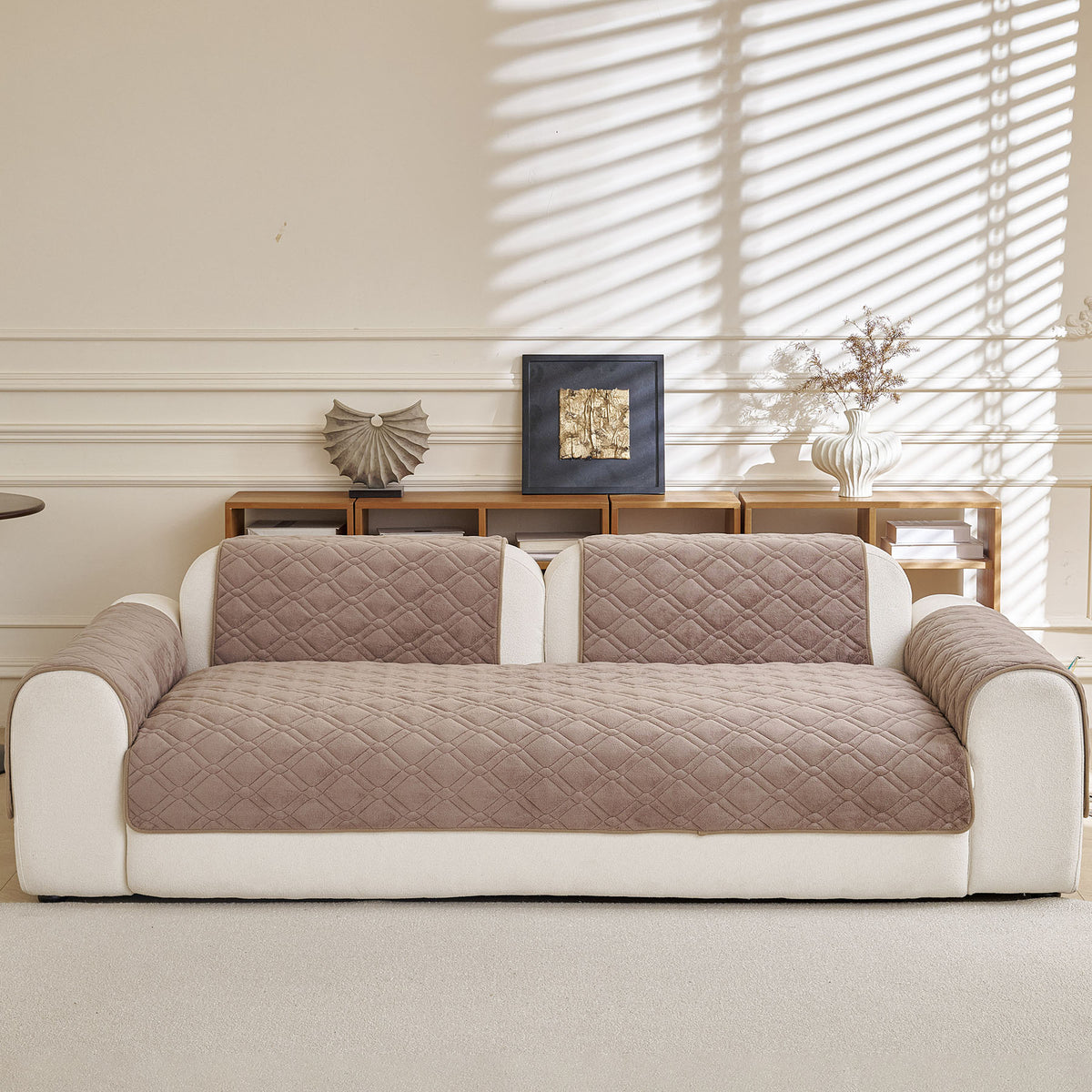 Plush Geometric Quilted Sofa Cover, Non-Slip Padded Couch Protector for Pets & Kids