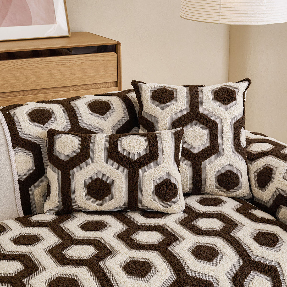 Sherpa Fleece Geometric Sofa Cover, Non-Slip Warm Couch Protector for Pets & Kids