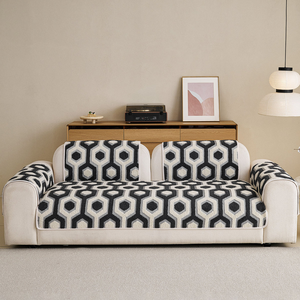 Sherpa Fleece Geometric Sofa Cover, Non-Slip Warm Couch Protector for Pets & Kids