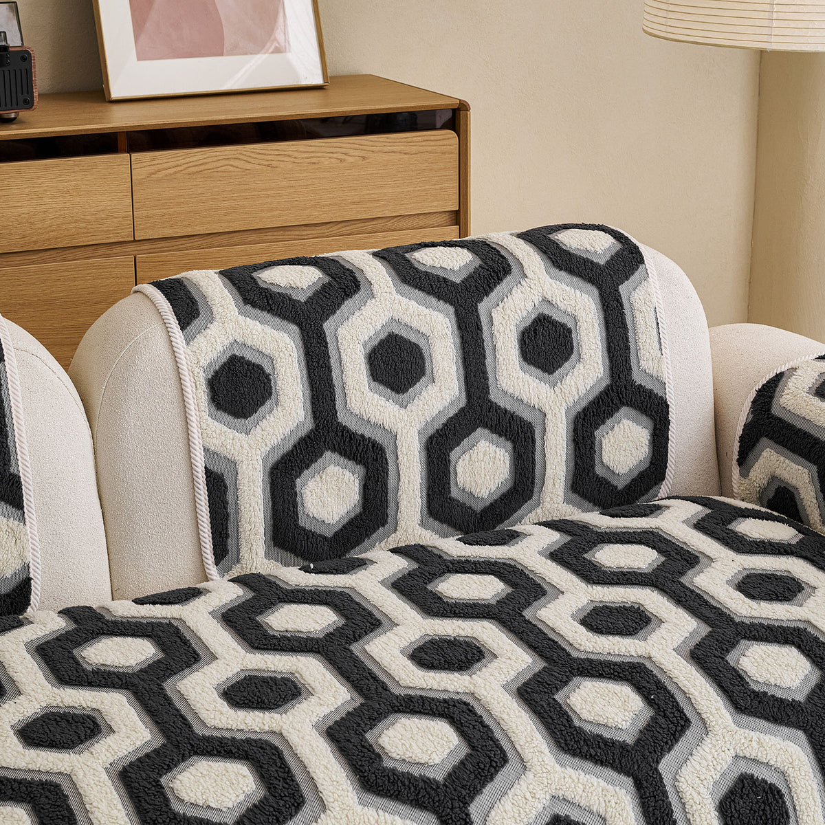 Sherpa Fleece Geometric Sofa Cover, Non-Slip Warm Couch Protector for Pets & Kids