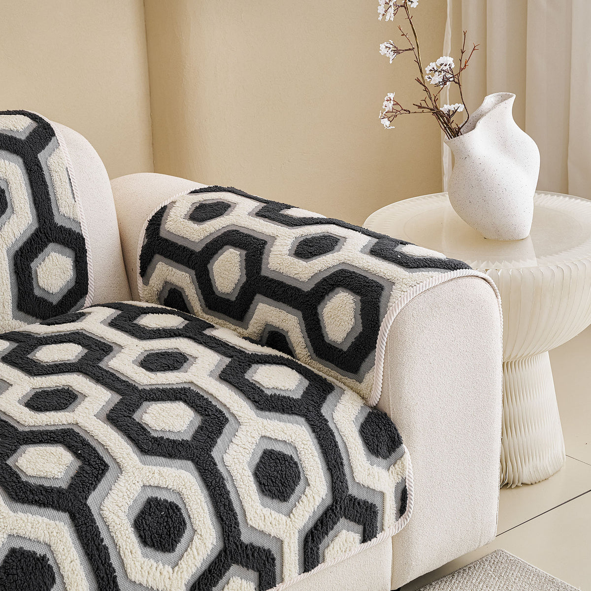 Sherpa Fleece Geometric Sofa Cover, Non-Slip Warm Couch Protector for Pets & Kids