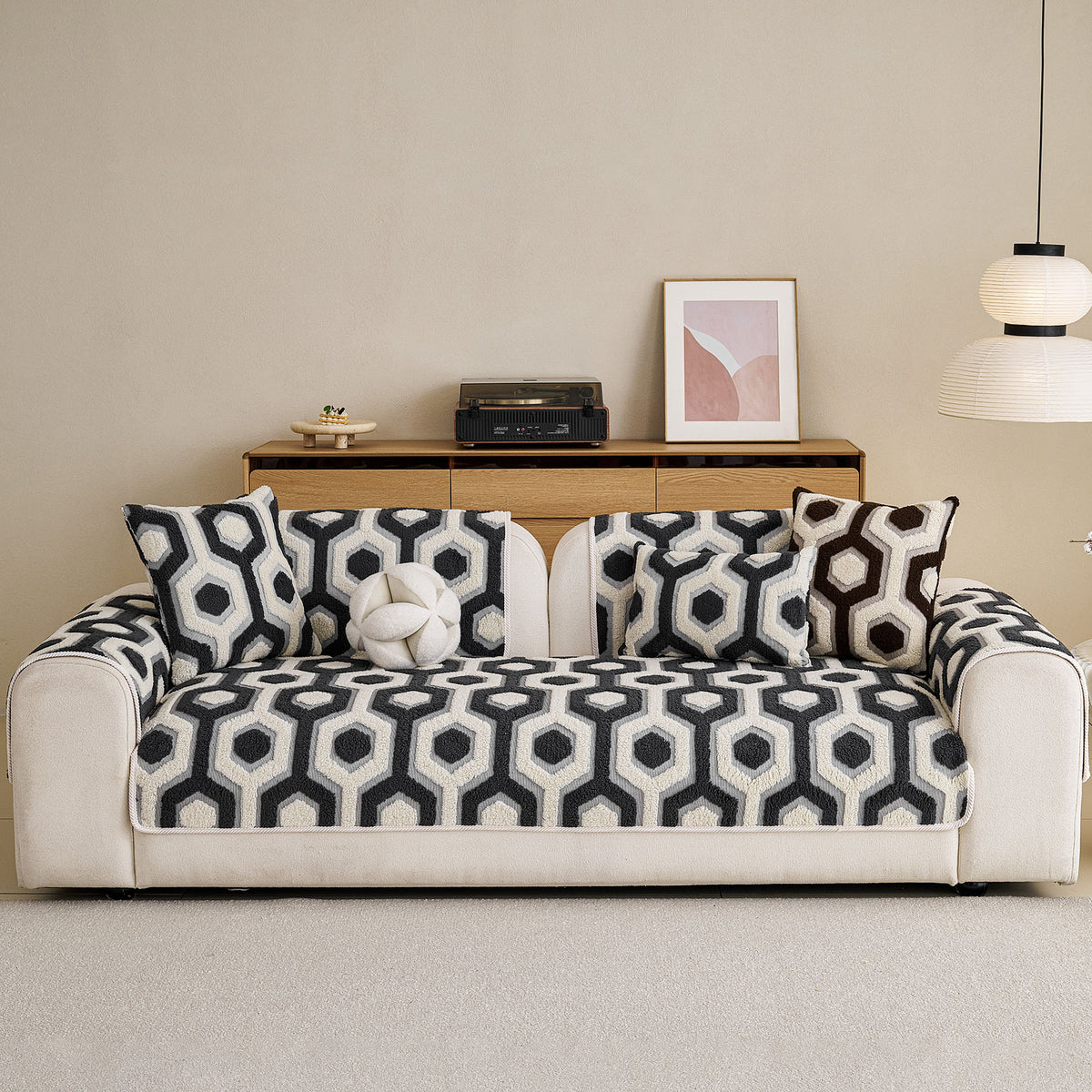 Sherpa Fleece Geometric Sofa Cover, Non-Slip Warm Couch Protector for Pets & Kids