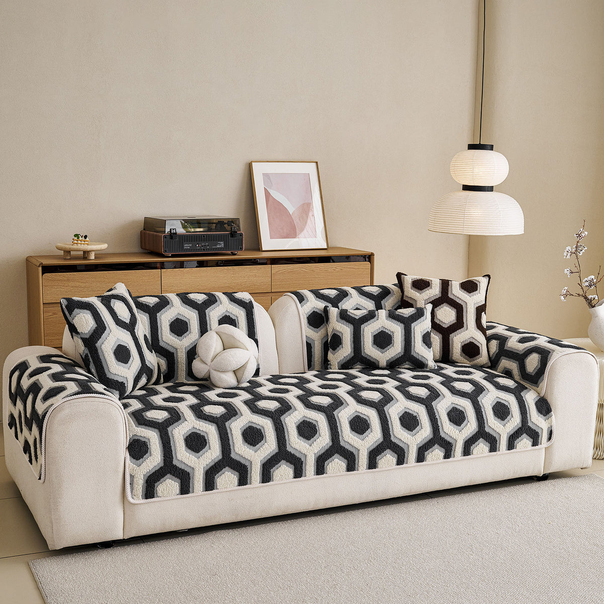 Sherpa Fleece Geometric Sofa Cover, Non-Slip Warm Couch Protector for Pets & Kids