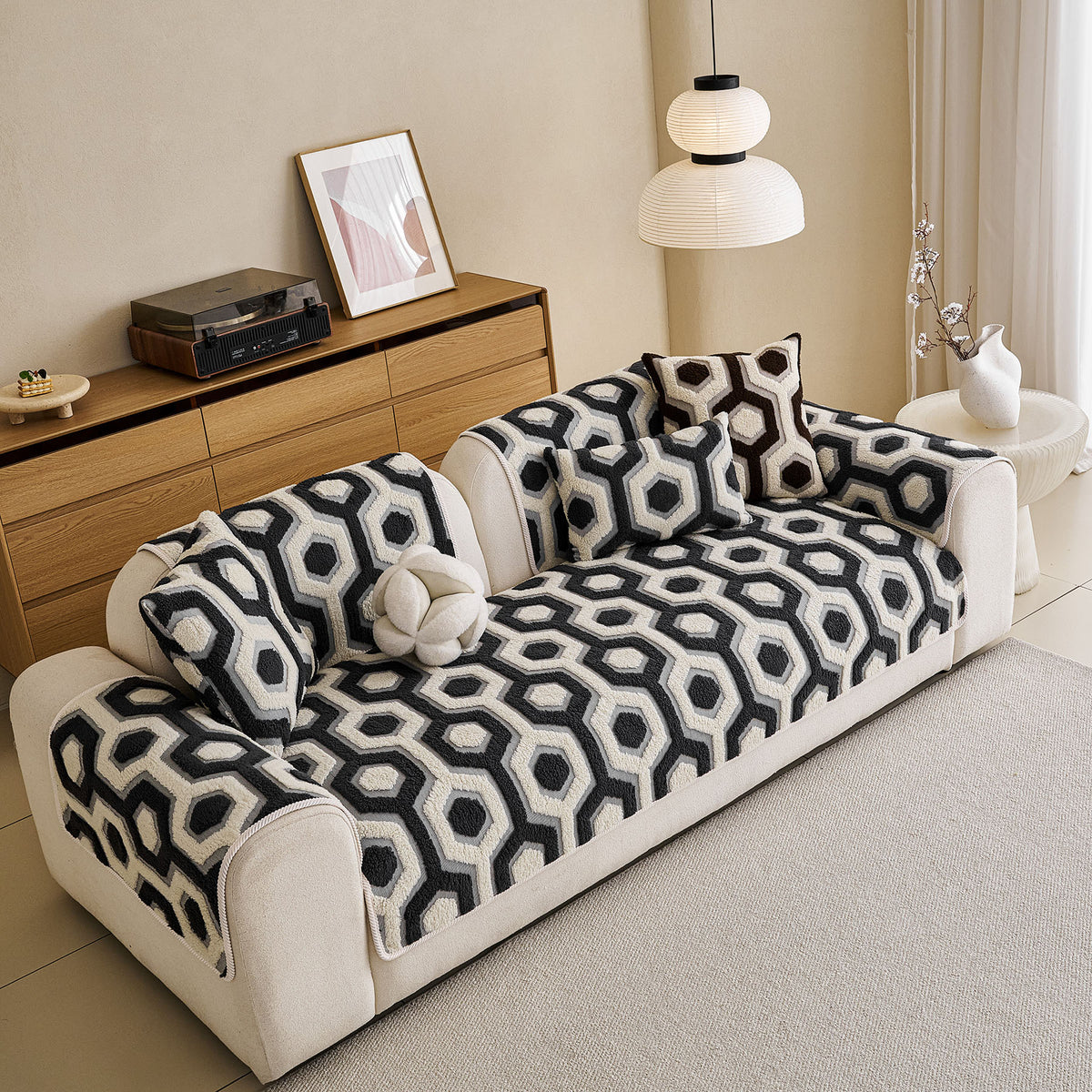 Sherpa Fleece Geometric Sofa Cover, Non-Slip Warm Couch Protector for Pets & Kids