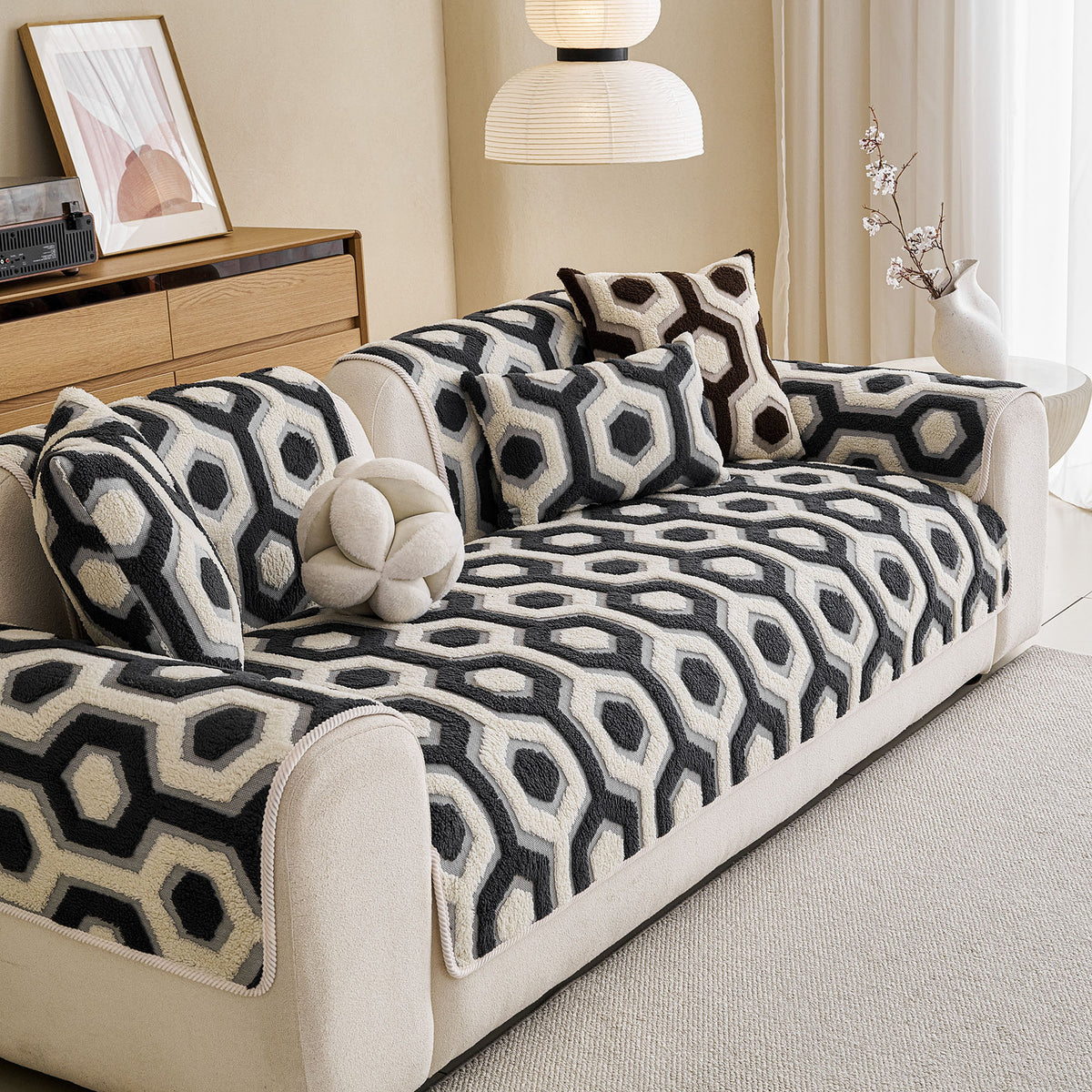Sherpa Fleece Geometric Sofa Cover, Non-Slip Warm Couch Protector for Pets & Kids