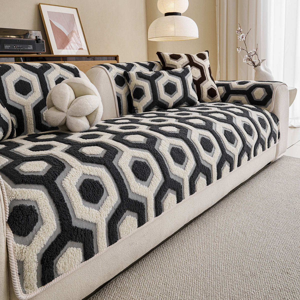 Sherpa Fleece Geometric Sofa Cover, Non-Slip Warm Couch Protector for Pets & Kids