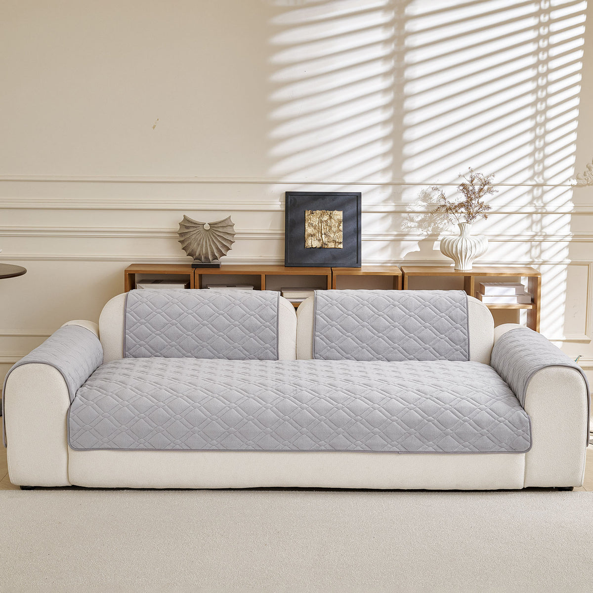 Plush Geometric Quilted Sofa Cover, Non-Slip Padded Couch Protector for Pets & Kids