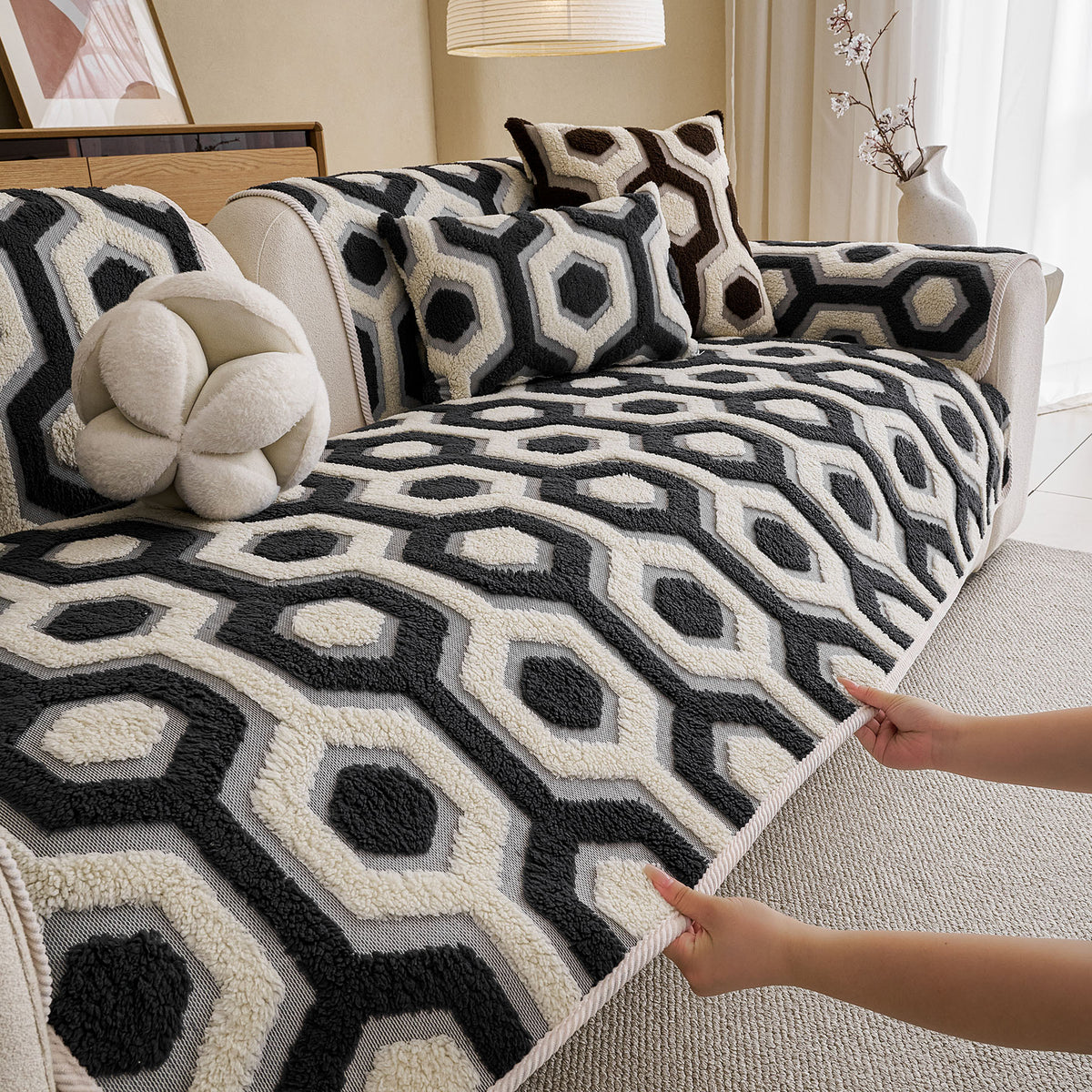 Sherpa Fleece Geometric Sofa Cover, Non-Slip Warm Couch Protector for Pets & Kids
