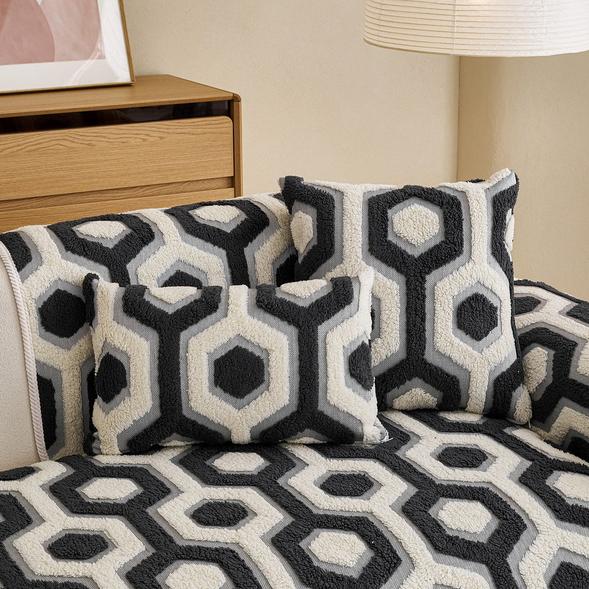 Sherpa Fleece Geometric Sofa Cover, Non-Slip Warm Couch Protector for Pets & Kids