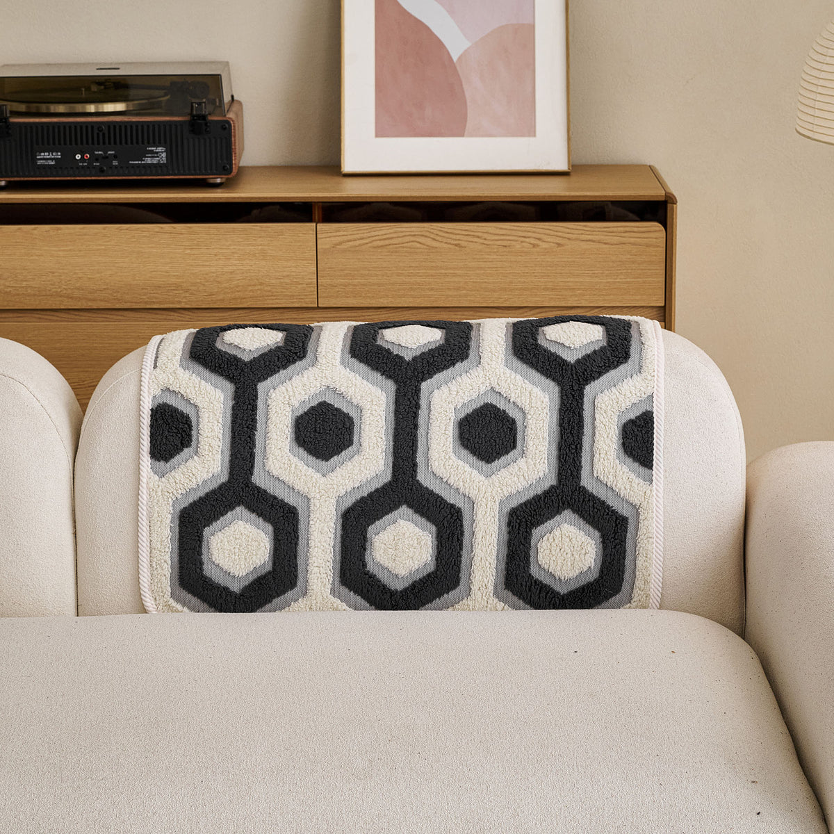 Sherpa Fleece Geometric Sofa Cover, Non-Slip Warm Couch Protector for Pets & Kids