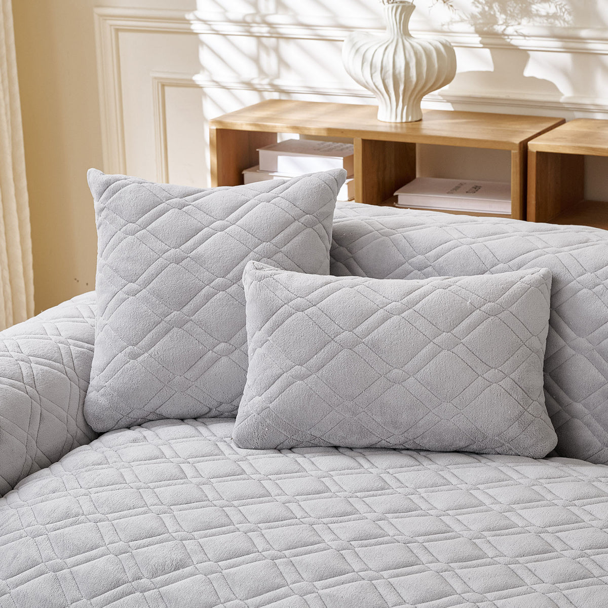 Plush Geometric Quilted Sofa Cover, Non-Slip Padded Couch Protector for Pets & Kids