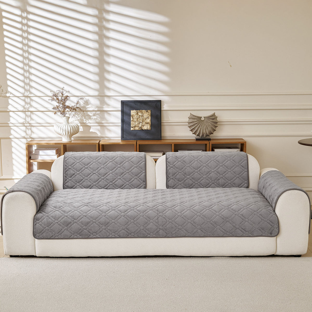 Plush Geometric Quilted Sofa Cover, Non-Slip Padded Couch Protector for Pets & Kids
