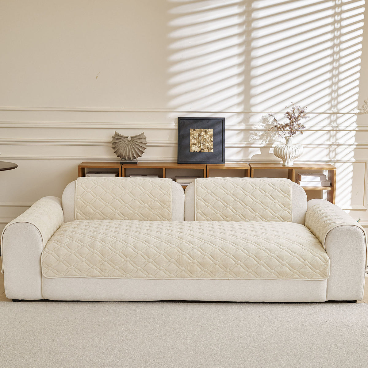 Plush Geometric Quilted Sofa Cover, Non-Slip Padded Couch Protector for Pets & Kids