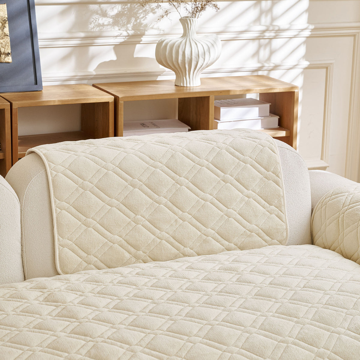 Plush Geometric Quilted Sofa Cover, Non-Slip Padded Couch Protector for Pets & Kids
