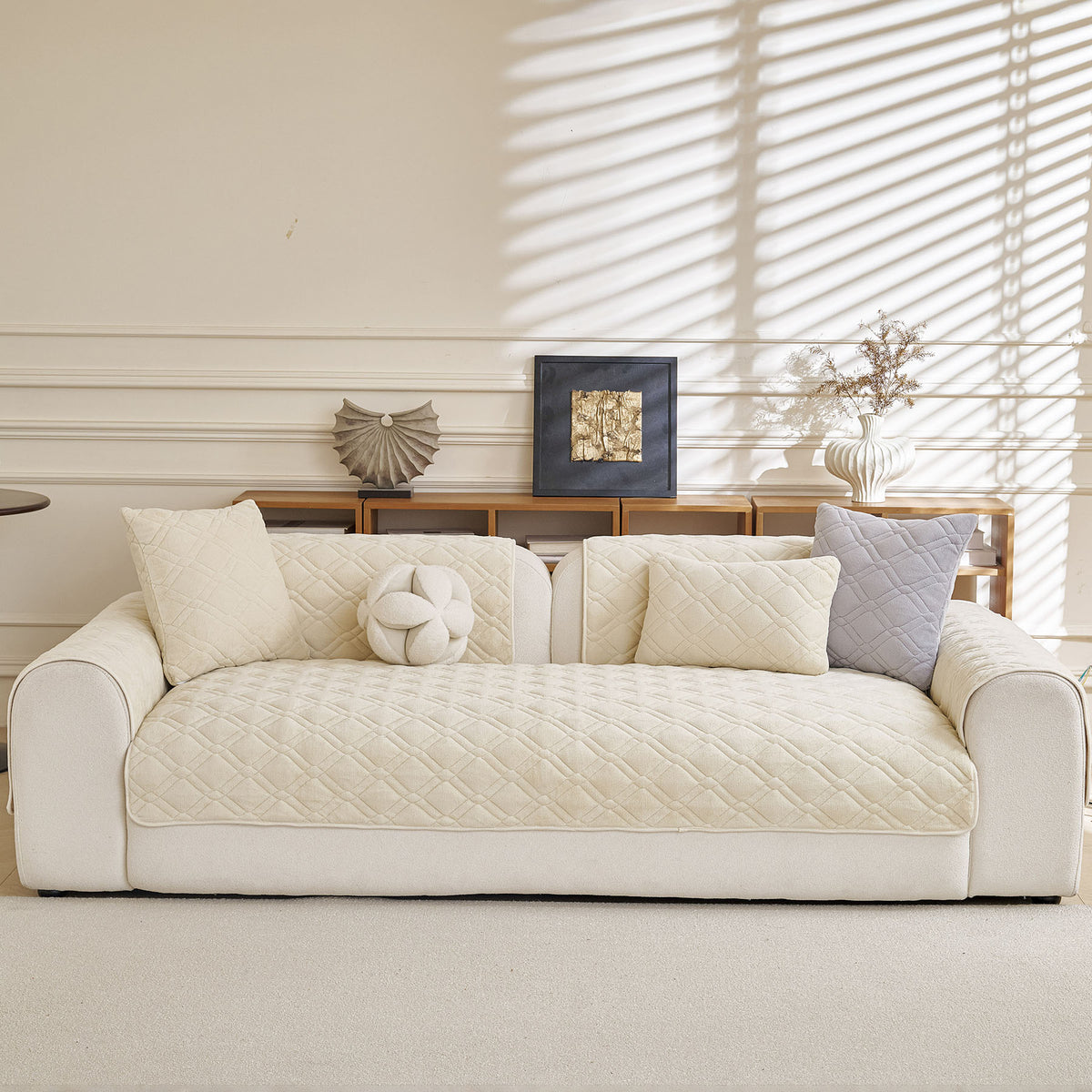 Plush Geometric Quilted Sofa Cover, Non-Slip Padded Couch Protector for Pets & Kids