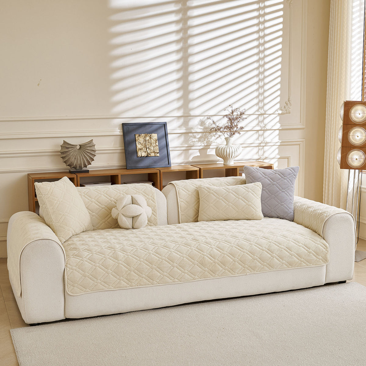 Plush Geometric Quilted Sofa Cover, Non-Slip Padded Couch Protector for Pets & Kids