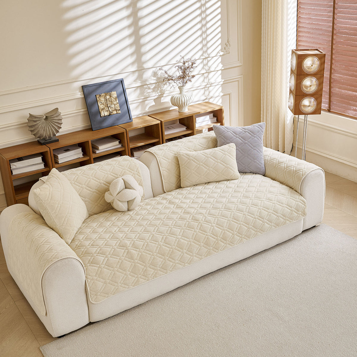 Plush Geometric Quilted Sofa Cover, Non-Slip Padded Couch Protector for Pets & Kids